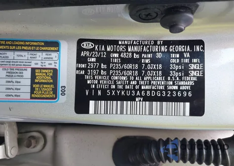 2013 Kia Sorento Ex из США, поврежденный, VIN 5XYKU3A68DG323696